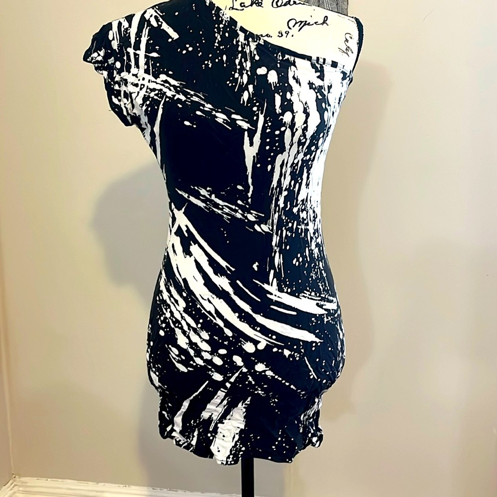 Black and White paint splash effect one shoulder mini dress.